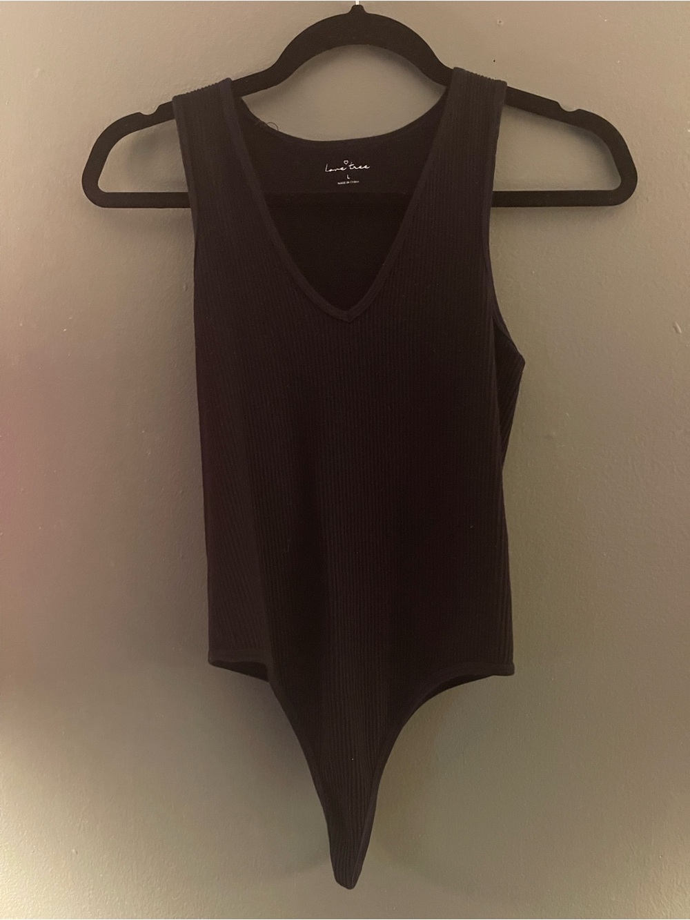 Love Tree Black Ribbed V-Neck Bodysuit